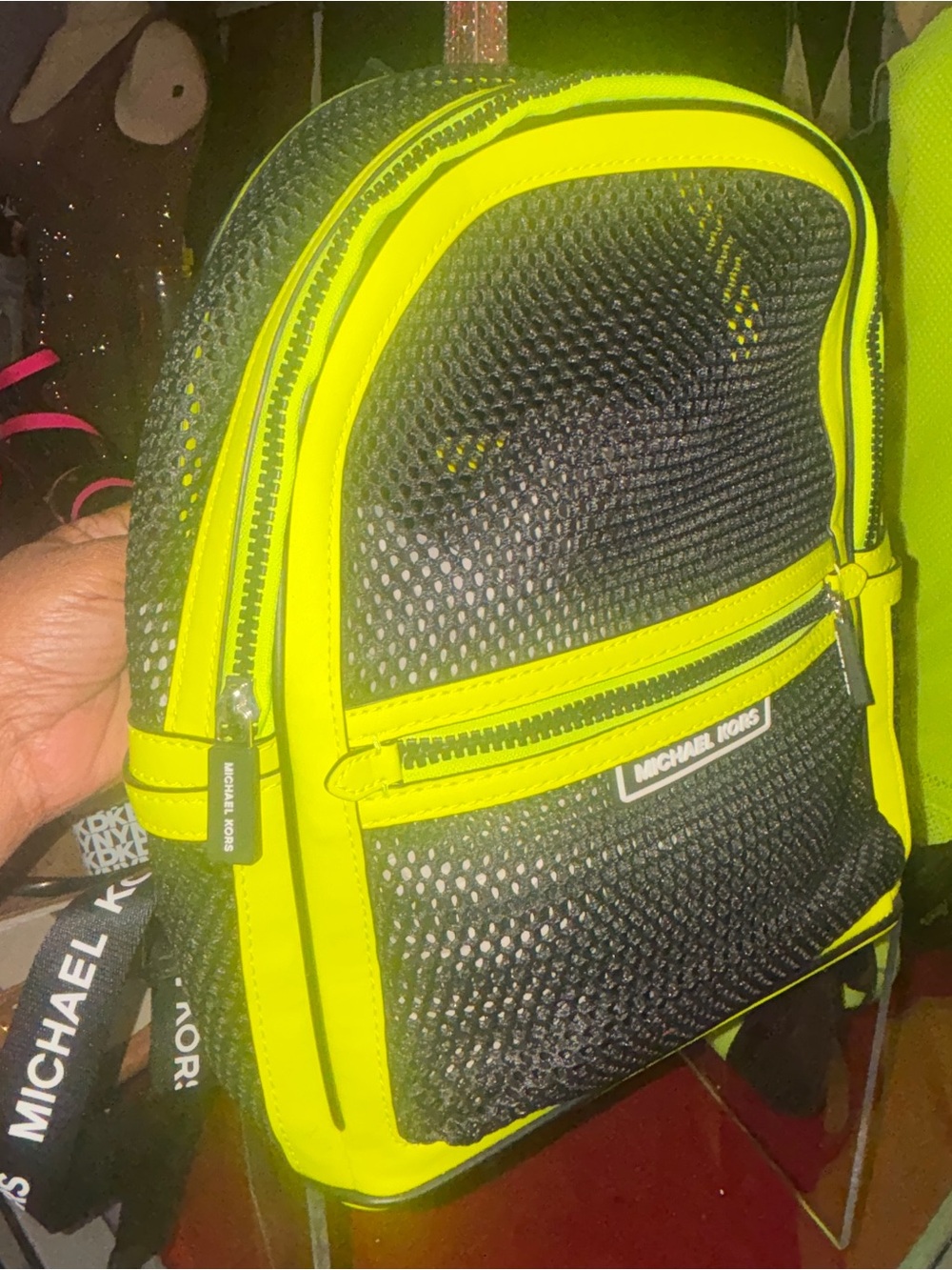 Michael Kors Black Mesh Backpack with Neon Yellow Trim